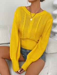 Suéter de cuello redondo suave y elástico - Tejido de punto de manga linterna sólida y cálida, para otoño/invierno - Ropa de estilo casual para mujer