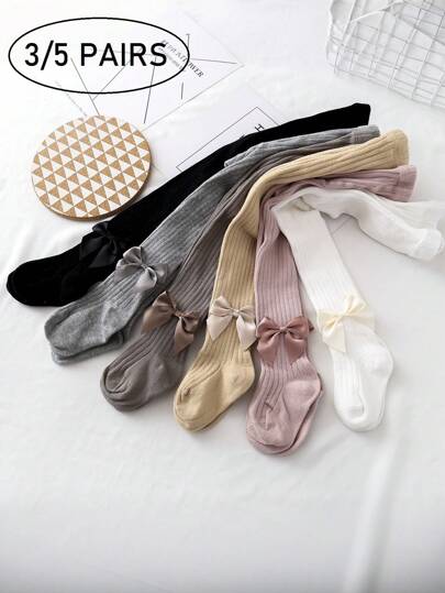 3 件/5 件儿童紧身裤，男童女童打底裤，弹力保暖连裤袜，婴幼儿蝴蝶结打底裤，秋冬季休闲百搭风格，可内穿或外穿