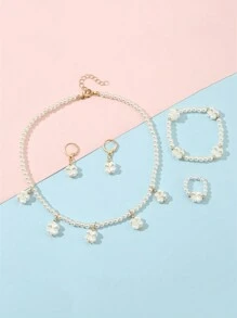 1pc Pearl Jewelry Set: 1 Necklace, 1 Bracelet, 1 Ring, 1 Pair Earrings, Suitable For Teenagers