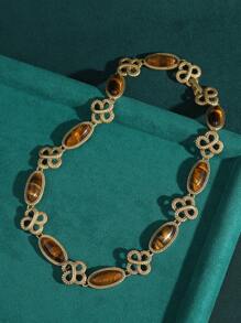 Vintage French Knot Tiger Eye Amber Color Natural Stone Necklace, Earrings Short Choker Necklace Set, Brass Plated 18K Gold Ear Hooks, Jewelry Accessories