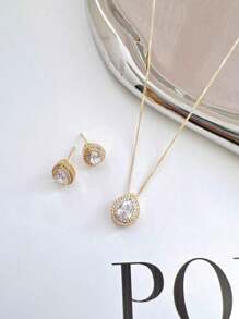 E.C SEMI JEWELLERY 1 KIT Women's Necklace And Earrings Set With Clear Zirconia Stone Plated - Vàng - Xem 5