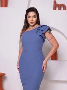 Bruna Dress With Elegant Single Sleeve Detail - Grey - View 1