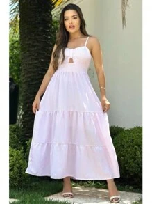 Long Dress With Straps And Striped Cups In Crepe Fabric H-2 - 淺粉色 - 查看 2
