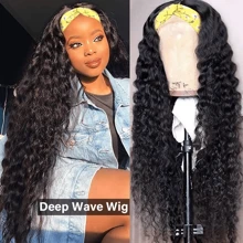 16 Inch 200% Density  Headband Wig Human Hair Deep Wave None Lace Front Wig Human Hair Machine Made Wigs Glueless Deep Wave Hair Headband Half Wigs For  Women Human Hair Natural Color - Natural Black - View 5