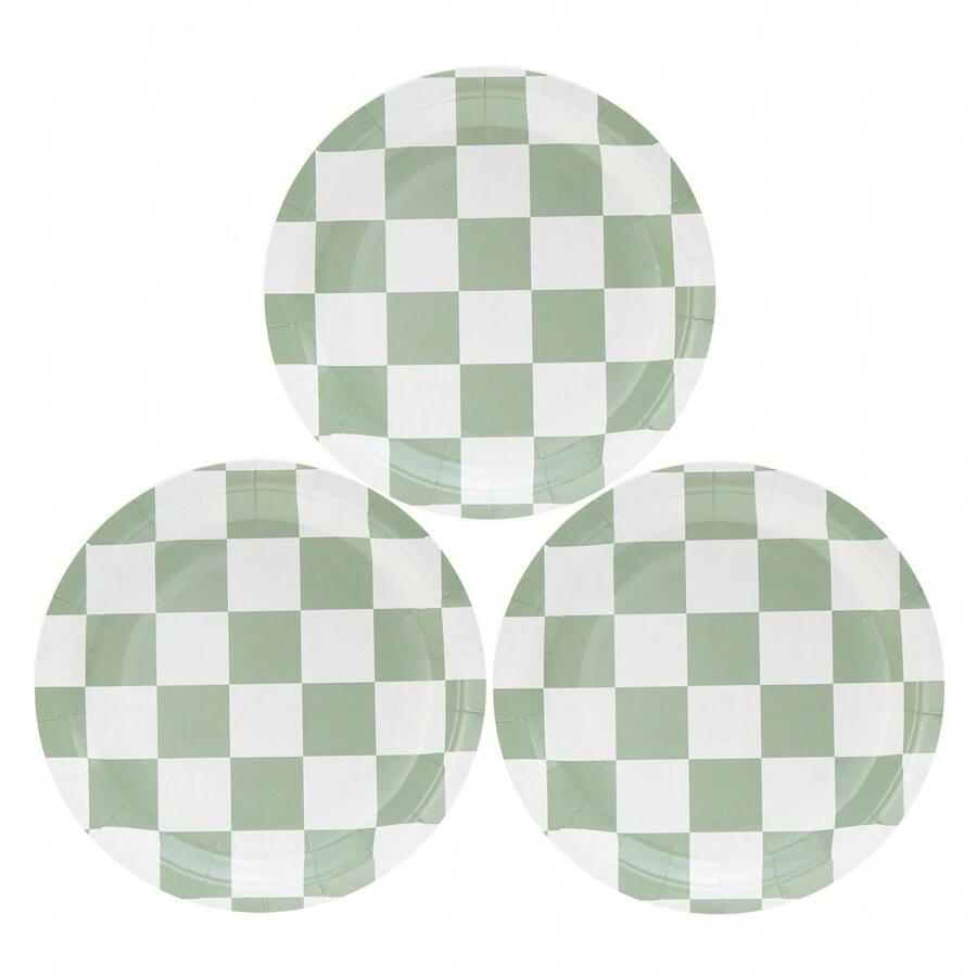 24 Packs Sage Green Checkerboard Paper Plates, Checkered Pattern Party Supplies, Disposable Paper Plates For Party, Celebration, Birthday, Gifts - Multicolor - View 1