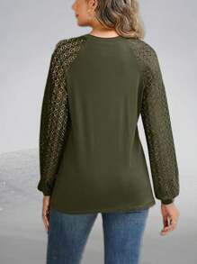 Women's Dressy Casual Top Solid Color Long Sleeve Round Neck Lace Splicing Casual Top