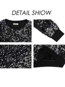 Women's Glitter Sequin Sweatshirt Long Sleeve Pullover Tops With Ribbed Cuffs - Black - View 6