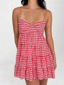 Women Spaghetti Strap Cami Dress Plaid Sweetheart Neck Tiered Hem Back Lacing Short Dresses - Đỏ - Xem 4
