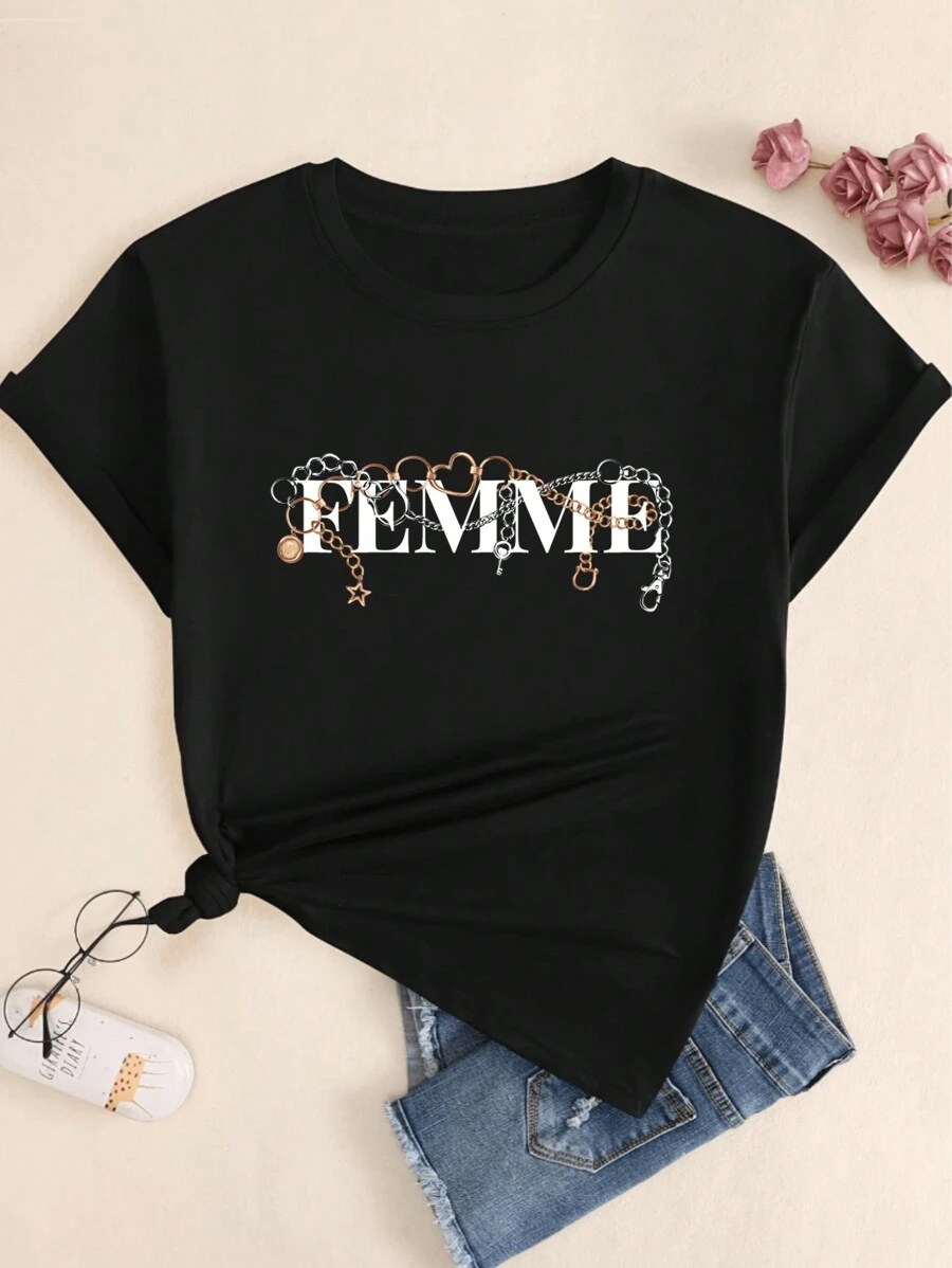 Cotton T-Shirt Retro Style Classic Text Women's Blouse Premium Elegant Summer T-Shirt - màu đen - Xem 1
