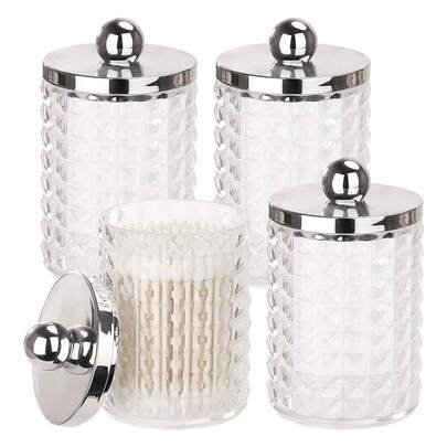 10 Oz 1/4 Packs Plastic Apothecary Jar Set With Sliver Lids For Bathroom Canister Storage Organization, Ball, Cleaning Swab, Pads, Floss Picks Dispenser Storage Box