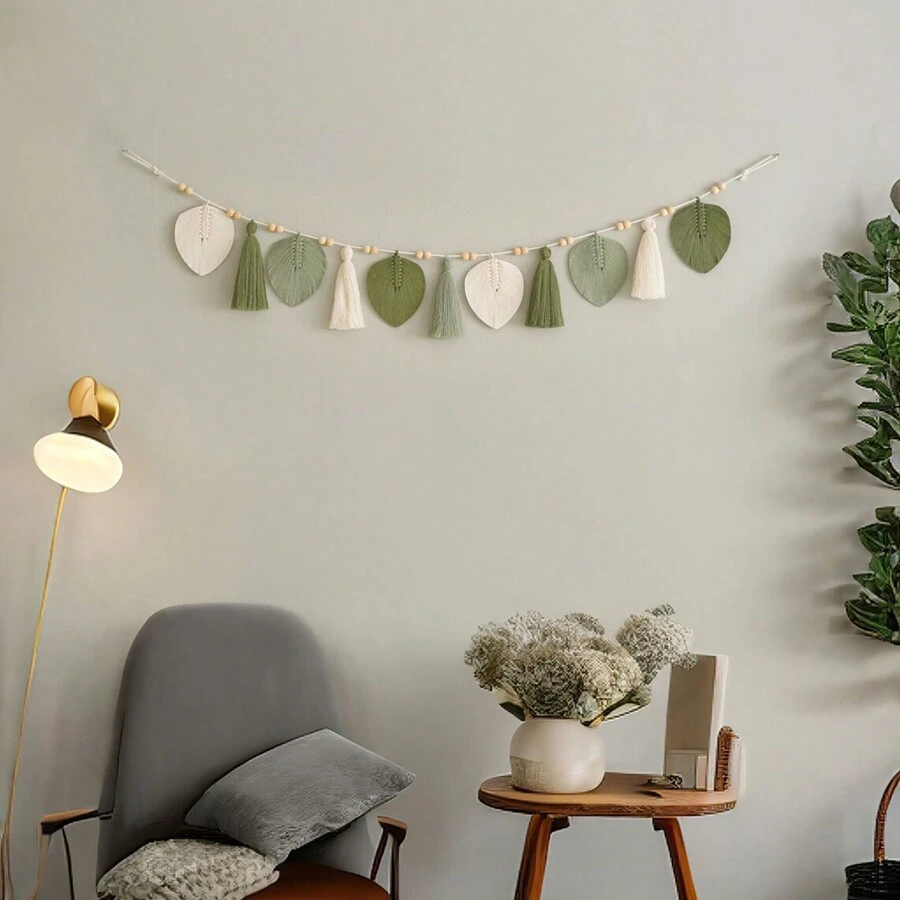 1 tấm thảm treo tường Macrame, thảm nghệ thuật dệt tay bằng sợi có tua rua hình lá, lý tưởng để trang trí nhà cửa trong phòng khách hoặc phòng ngủ, thảm treo tường - Như thể hiện trong hình ảnh - Xem 1