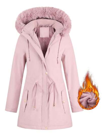 1pc Women Casual Minimalist Versatile Mid-Length Jacket, Removable Hood, Solid Color, Outdoor Thermal Lined, Cinched Waist, Winter,Fleece