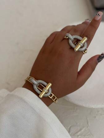 1 套奢华铜镶嵌锆石手链手镯戒指首饰套装，时尚优雅，送礼佳品