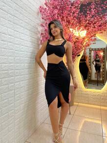 Women's Cropped Set With Padded Skirt With Side Slit - 黑色 - 查看 1