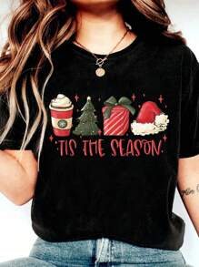 圣诞礼物标语印花圆领短袖女式 T 恤