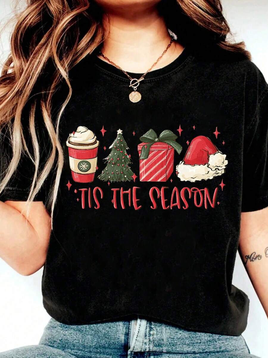 圣诞礼物标语印花圆领短袖女式 T 恤