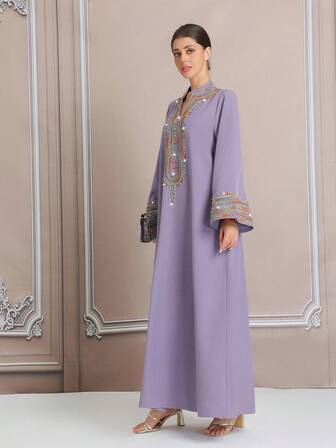 Style Purple 3D Embroidered Special Occasion Elegant Long Robe, Colorful Cord Embroidery Plus Size Kaftan Dress, Turkish Diamante Women Floor Length Gown, Purple Caftan Plus Size Women In Stock Abaya BC4620 (Custom Version)