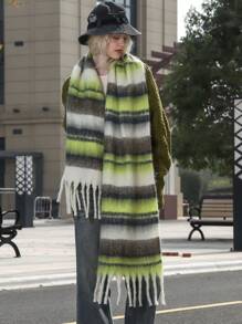 1 件复古优雅条纹仿羊绒针织柔软亲肤超大厚实保暖防风女士围巾，适合日常、通勤、休闲、户外、节日礼物、时尚高端配饰 - 彩色 - 查看 9