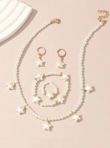 1pc Pearl Jewelry Set: 1 Necklace, 1 Bracelet, 1 Ring, 1 Pair Earrings, Suitable For Teenagers