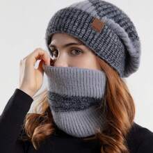 2 Pieces Knitted Soft And Fleece Bib 2 Pieces Knitted Hat And Scarf Slouchy Beanie Hat Set Women's Fashion Knitted Hat Soft Cold Beanie Scarf Set