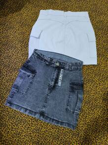 Kit 2 Women's Cargo Denim Skirt With Elastane - Nhiều màu - Xem 3