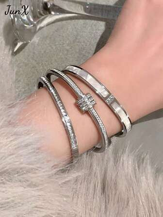 3pcs Elegant & Luxury Stainless Steel Plated Gold Small Waist Bangle Set, Tarnish-Resistant & Waterproof For Women