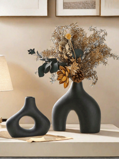 Black Resin Vase Set Of 2 For Modern Home Decor Round Donut Vase For Pampas Grass Neutral Bohemian Nordic Minimalist Style Vase For Living Room Wedding Table Party Office Bedroom Festival Decoration Gifts Birthday Graduation Room Decor Flower Vase Glass Vase