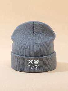 MAKEFGE 1pc Unisex Autumn/Winter Black Outdoor Casual Fashion Smiling Face Embroidery Beanie Hat, Soft Warm Simple Lightweight Knit Cap For Daily Matching