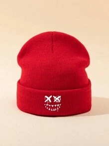 MAKEFGE 1pc Unisex Autumn/Winter Black Outdoor Casual Fashion Smiling Face Embroidery Beanie Hat, Soft Warm Simple Lightweight Knit Cap For Daily Matching