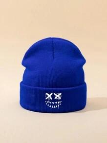 MAKEFGE 1pc Unisex Autumn/Winter Black Outdoor Casual Fashion Smiling Face Embroidery Beanie Hat, Soft Warm Simple Lightweight Knit Cap For Daily Matching