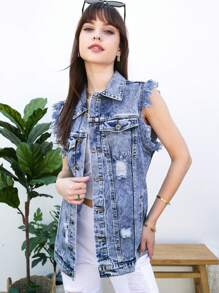 Womens Oversized Distressed Denim Vest Sleeveless Jean Jacket With Pockets
