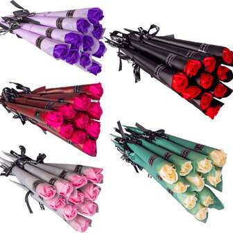 10Pcs Artificial Rose Flower Bouquet 5 Colors Rose Soap Flower With Long Stem Red Pink Purple Romantic Rose Artificial Flowers For Wedding Anniversary Birthday Party Supplies Valentine's Day Gifts For Woman