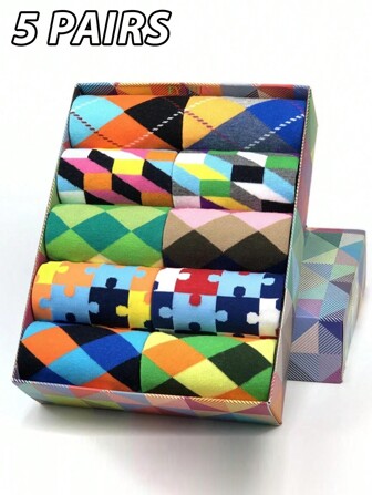 5 Pairs Men's Colorful Patterned Fun Fashion High Quality Mid-Calf Dress Socks, Casual Business Professional Socks, Random Color Delivery (No Gift Box), Fall