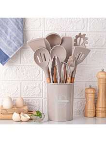 1 套厨房用具套装、硅胶炊具套装、12 件硅胶厨房用具套装、木制烹饪用具、厨房小工具、硅胶餐具套装、带储物桶的厨房工具