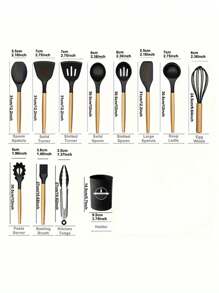 1 套厨房用具套装、硅胶炊具套装、12 件硅胶厨房用具套装、木制烹饪用具、厨房小工具、硅胶餐具套装、带储物桶的厨房工具