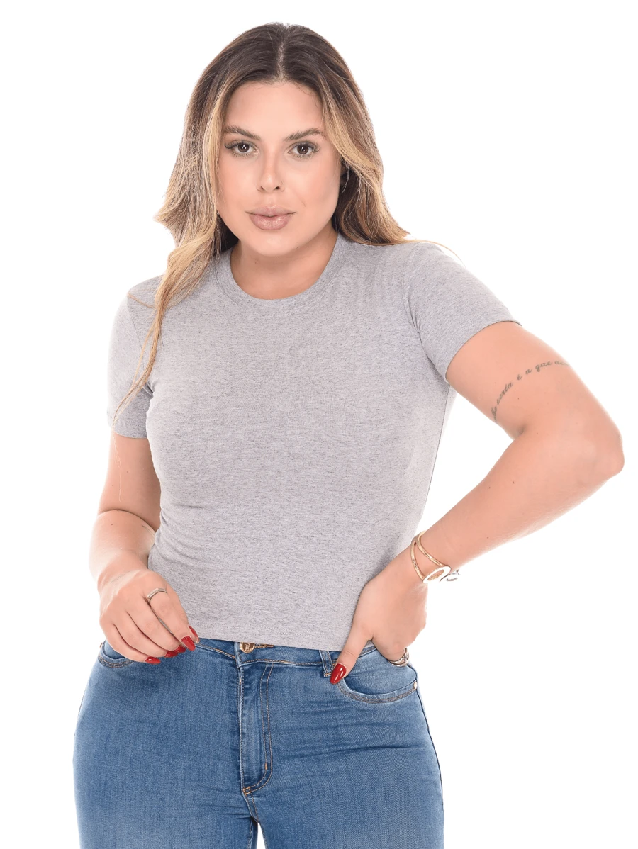 Camiseta Baby Tee Feminina Slim Fit Blusinha Compressão - Cinza - Visão 1