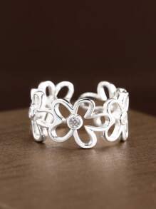 1 st. S925 Sterling Zilveren Holle Bloem Strass Verstelbare Open Ring, INS Minimalistische Chic Veelzijdige Unieke Zilveren Ring Voor Vrouwen