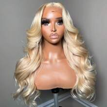 Light Blonde Body Wave Middle Part Synthetic Wigs Glueless Wavy 13X4X1 Lace Front Wig Natural Hair Line 28Inches 180% Density Heat Resistant Fiber Hair Wigs For Women Daily Party Cosplay Use - 淺金髮 - 查看 3