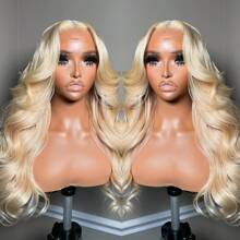 Light Blonde Body Wave Middle Part Synthetic Wigs Glueless Wavy 13X4X1 Lace Front Wig Natural Hair Line 28Inches 180% Density Heat Resistant Fiber Hair Wigs For Women Daily Party Cosplay Use - 淺金髮 - 查看 1