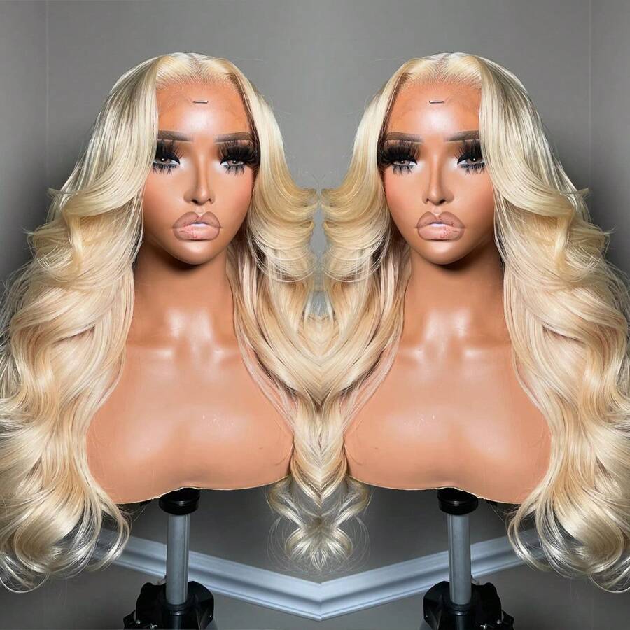 Light Blonde Body Wave Middle Part Synthetic Wigs Glueless Wavy 13X4X1 Lace Front Wig Natural Hair Line 28Inches 180% Density Heat Resistant Fiber Hair Wigs For Women Daily Party Cosplay Use - 淺金髮 - 查看 1