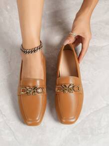 Women's Casual Flat Square Toe Shoes With Metal Buckle, Brown Loafers