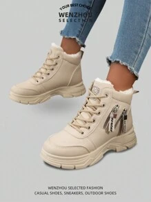 2024 女式冬季户外雪地靴，保暖内衬，厚实防滑，高帮，轻便 - 卡其色 - 查看 9