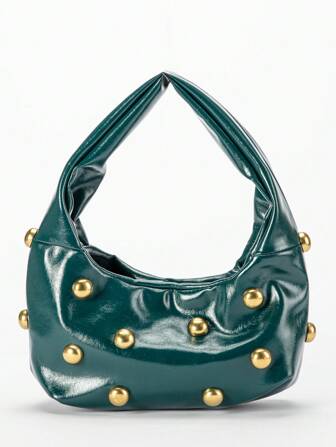 New Studded Decor Shoulder Bag, Punk Style Oiled Wax Leather Underarm Bag, Crescent Moon Shaped Vintage Handbag, Suitable For Women Party, Work, Commuting, Casual Wear, Autumn/Winter