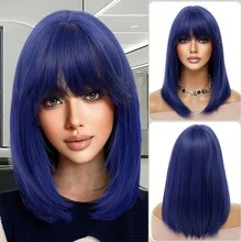 Casual Cute Blue Medium Length Straight Wig Klein Blue Bob Wig With Bangs Women's Synthetic Heat Resistant Shoulder Length Wig Halloween Costume Wig Christmas Daily Party Use 16 Inch - Blue - View 11