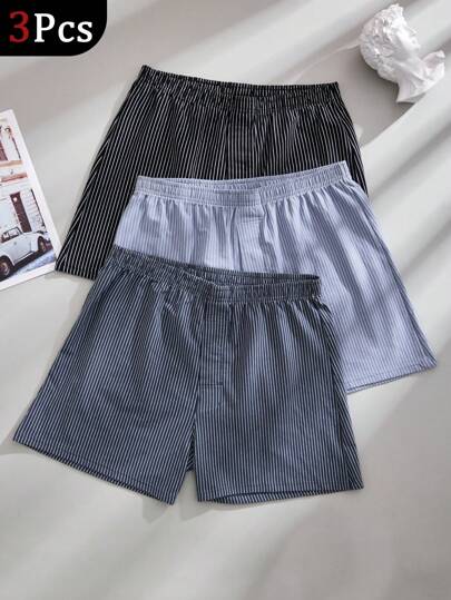 HIALEGION 3 pezzi slip lunghi da uomo, pantaloncini comodi in aloe, stampa a righe multicolore, biancheria intima maschile ampia e alla moda per giovani