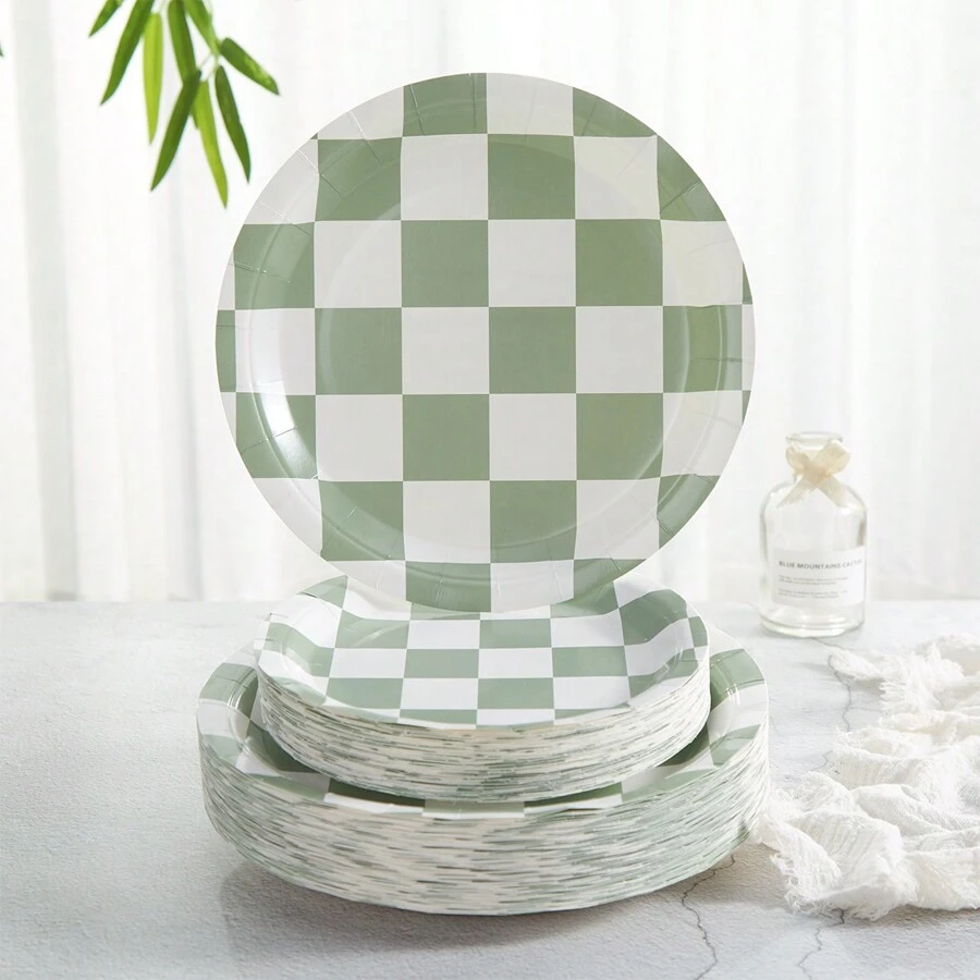 24 Packs Sage Green Checkerboard Paper Plates, Checkered Pattern Party Supplies, Disposable Paper Plates For Party, Celebration, Birthday, Gifts - Multicolor - View 1