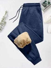 Men's Solid Color Minimalist Casual Warm Fleece Drawstring Pants, Fall/Winter - Navy Blue - View 4