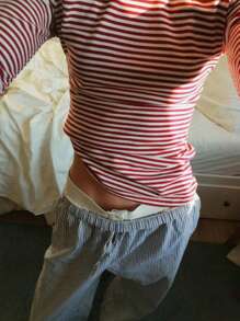 Women Y2K Striped Knit T Shirt Contrast ColorRound Neck Long Sleeve Slim Fit Ribbed Knitted Tee Shirts Pullover Tops Fall Spring Basic Layering Shirts Going Out Tops Casual Streetwear - Đỏ - Xem 4