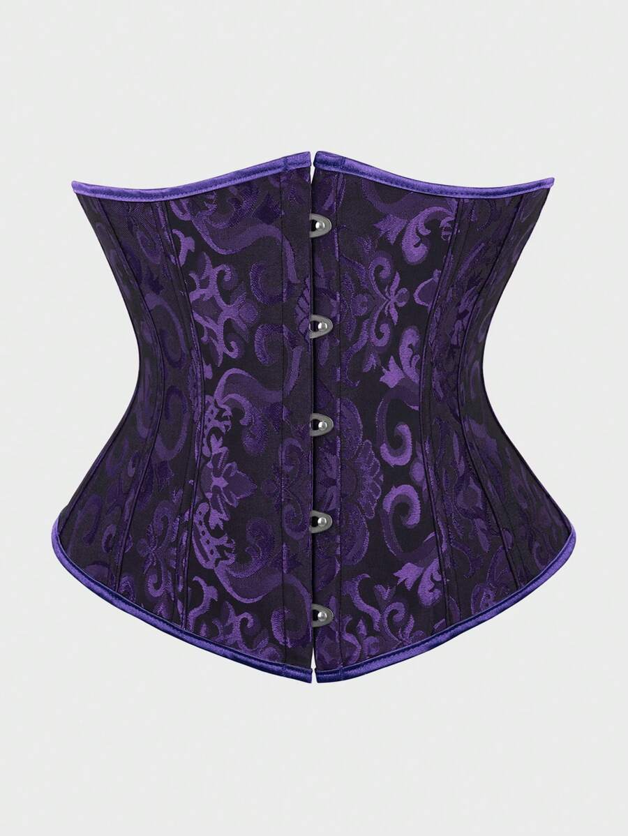 Plus Size Underbust Corsets For Women,Corset Belt, Women's Floral Jacquard Lace Up Under Boob Corset Slimmer Body Shaper - Black-purple - View 1