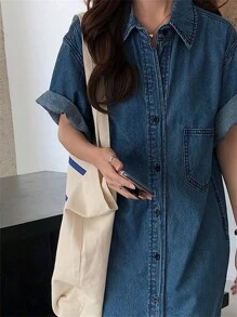 Jade Hare Women's Casual Single Breasted Denim Dresses Lapel Rolled Sleeve Shirt Dresses - 藍色 - 查看 4